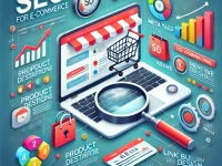 DALLE 2025 01 14 14.55.07 A professional and vibrant illustration representing SEO for e commerce. The image features an online store interface on a laptop screen surrounded b