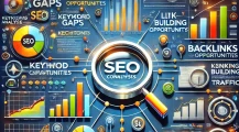 DALLE 2025 01 15 16.34.48 A professional and visually annotated illustration representing SEO competition analysis. The image includes a central graph comparing SEO metrics suc