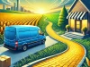 DALLE 2025 01 15 17.26.19 An artistic and professional illustration of a yellow brick road winding through a scenic landscape leading towards a modern delivery van parked near